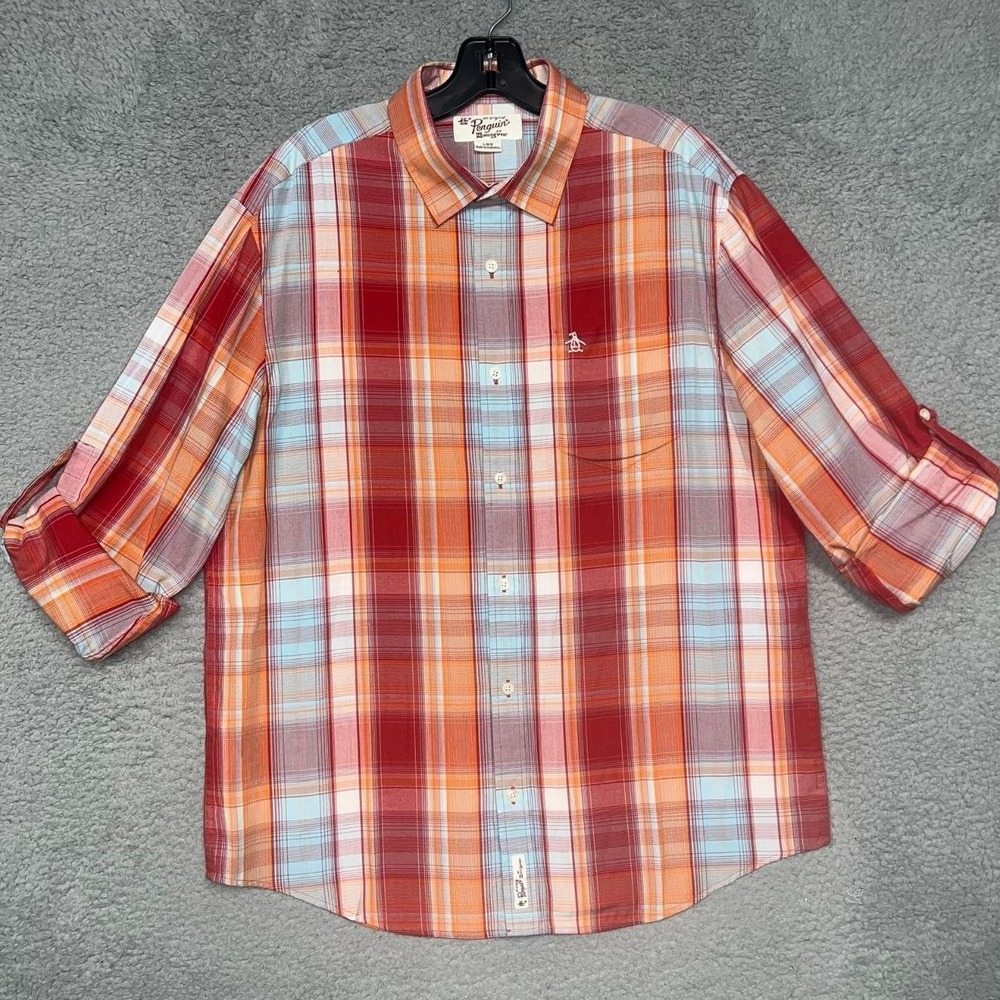 Penguin Munsingwear Shirt Mens Sz L Check Plaid Roll Tab Sleeve Button Up Pocket